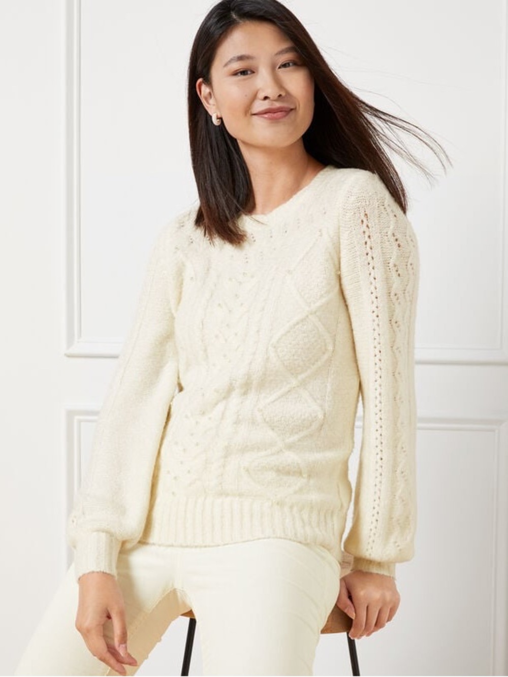 Talbots POINTELLE CABLE KNIT CREWNECK SWEATER